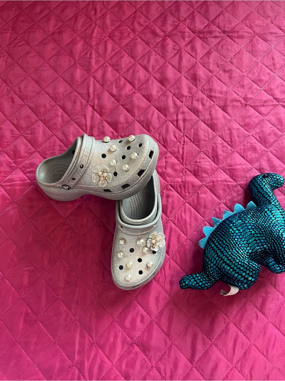 CROCS Girls' Silver Glitter Pearl-Embellished Platform Clogs